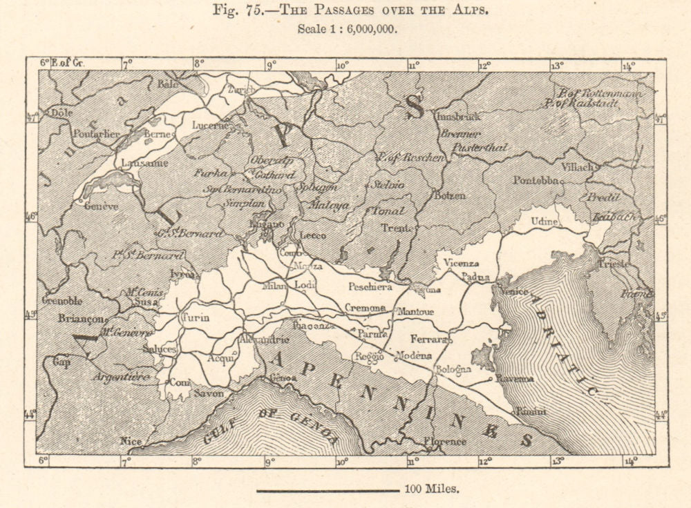 The Passages over the Alps. Alpine passes. Europe sketch map 1885 old